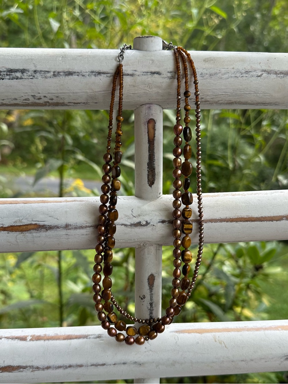 NWT Peyote Bird 3 strand tigers eye, copper, pearl necklace